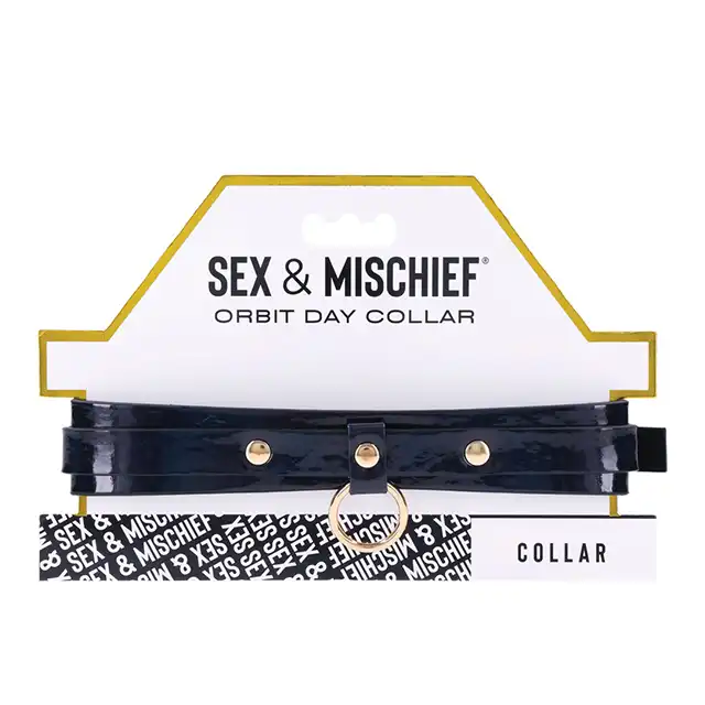 Sex &amp; Mischief - Orbit Day Collar. Elegancka czarna połyskująca obroża na szyję, połączenie luksusowej skóry ze złotymi dodatkami 