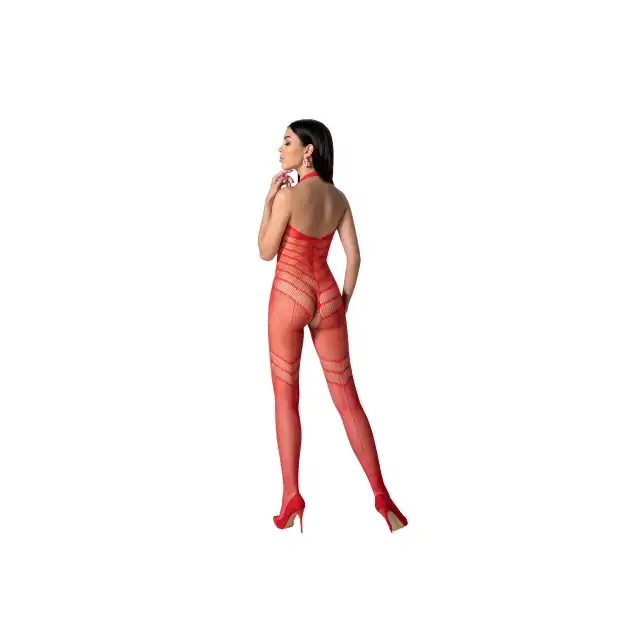 Passion - Bodystocking BS100 Red. Czerwony, kuszący bodystocking o geometrycznym wzorze podkreślającym sylwetkę