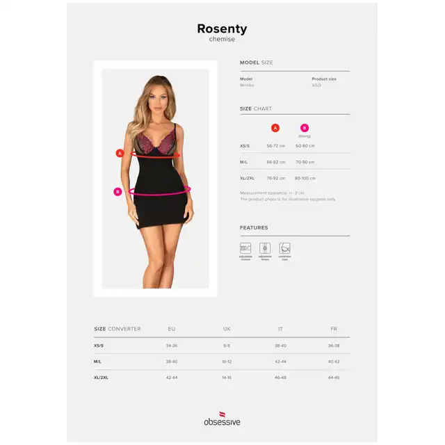Obsessive - Rosenty koszulka i stringi M/L. Subtelna i wyrafinowana czarna koszulka damska z różową koronką 