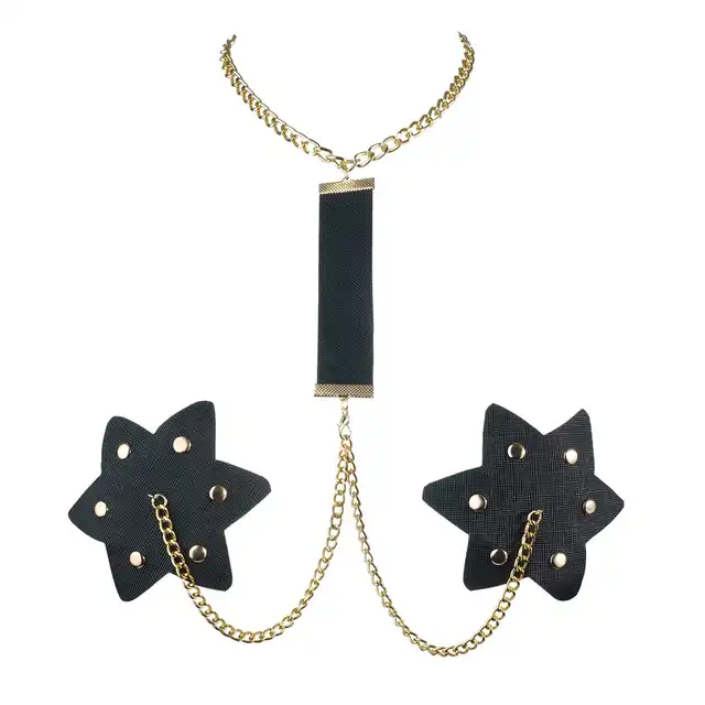 JGF Lingerie - Nipple Covers Black Star. Zmysłowe, eleganckie nasutniki czarne gwiazdy ze złotym łańcuszkiem i odpinaną obrożą