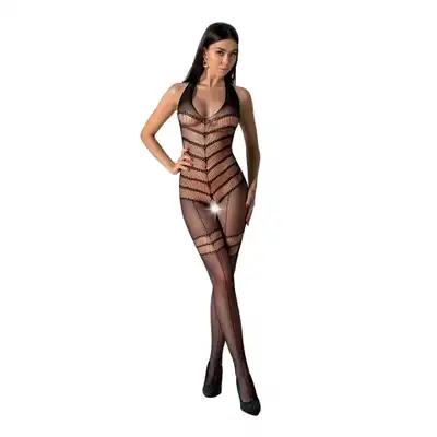 Passion - Bodystocking BS100 Black. Czarny, kuszący bodystocking o geometrycznym wzorze podkreślającym sylwetkę