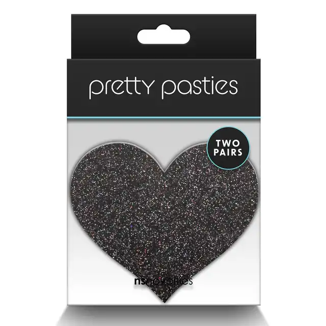 Pretty Pasties - Glitter Hearts Black &amp; Gold. Dwie pary naklejek na sutki w kształcie serduszek, czarne i złote nasutniki z brokatem