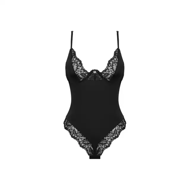 Obsessive - Bellastia body M/L. Czarne, eleganckie body z roślinną koronką. Doskonały wybór dla Pań ceniących elegancję 