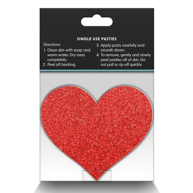 Pretty Pasties - Glitter Hearts Red &amp; Silver. Dwie pary naklejek na sutki w kształcie serduszek, czerwone i srebrne nasutniki z brokatem