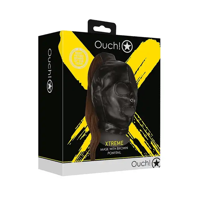 Ouch! - Mask with Brown Pony Tail - maska na twarz z brązowymi włosami w kształcie końskiego ogona