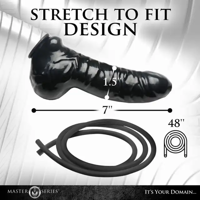 Master Series - Guzzler Realistic Latex Penis Sleeve with Hose. Czarna, lateksowa nakładka na penisa z wężem 122 cm do zabaw z pissingiem
