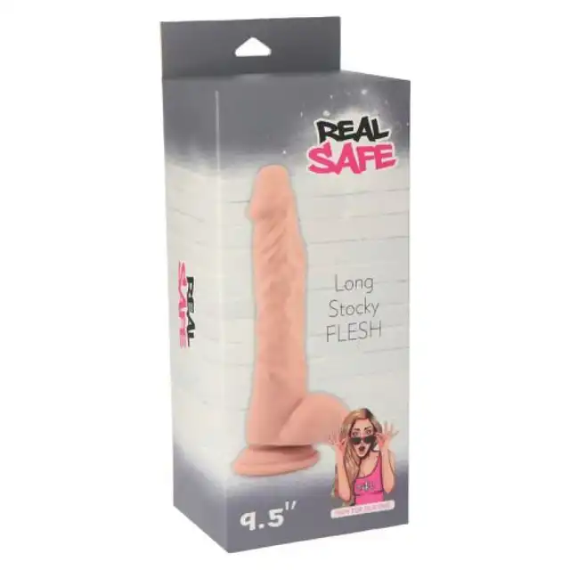 Real Safe - Long Stocky Dildo Flesh. Realistyczne dildo z naturalnymi jądrami, żołędzią i żyłami. Odkryj autentyczność przyjemności
