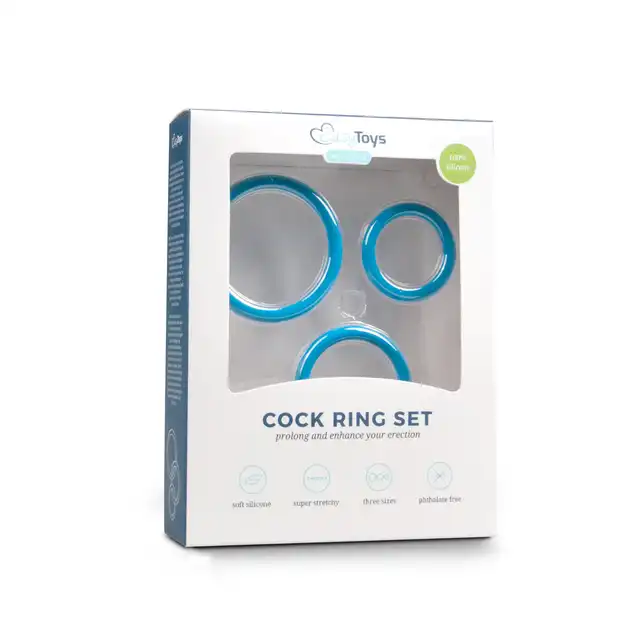Easy Toys - Silicone Cock Ring 3 Piece Set Blue. Zestaw trzech niebieskich silikonowych ringów erekcyjnych, wydłużenie stosunku i wzmocnienie erekcji