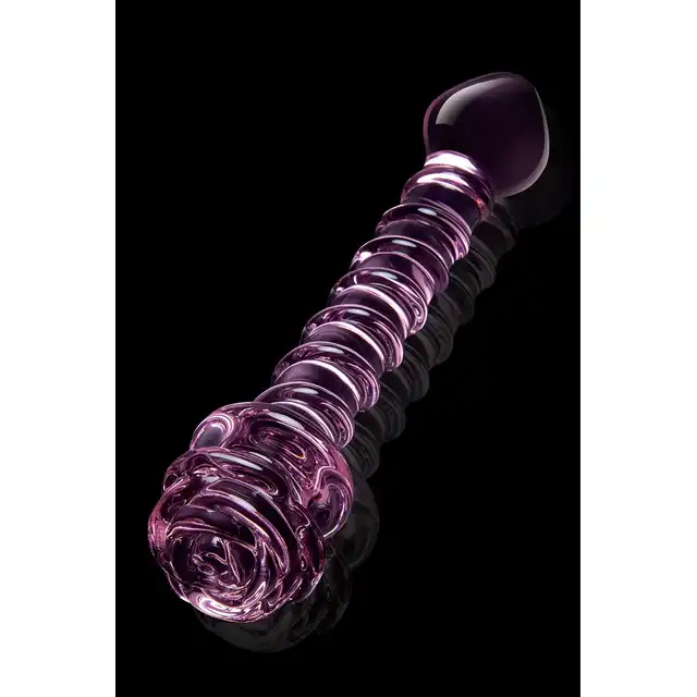Glaze Glass - Rosebud Spiral G-spot Dildo. Teksturowane  spiralnie różowe szklane dildo do stymulacji punktu G ozdobione szklaną różyczką