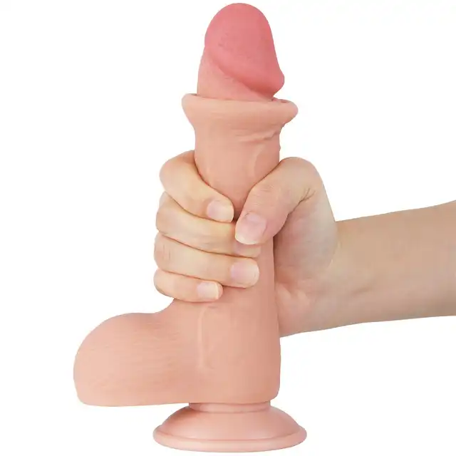 LoveToy - Sliding Skin Dual Layer Dong 7.5`. Dildo o podwójnej gęstości, z ruchomą skórą imitującą realnego członka, członek z mocną przyssawką