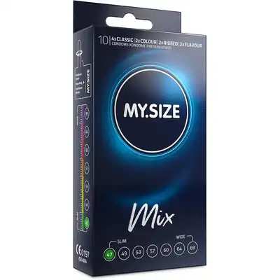 My Size - Mix 47mm 10 sztuk. Opakowanie prezerwatyw dopasowanych do Twojego penisa, szerokość nominalna 47mm. Mix emocji w Twoim rozmiarze!