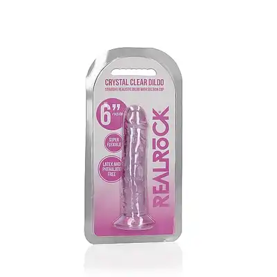 RealRock - Crystal Clear 6" Pink. Realistyczne dildo z przyssawką w podstawie, przezroczysty materiał o delikatnym różowym zabarwieniu