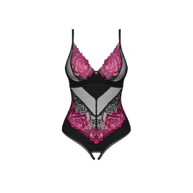 Obsessive - Rosenty body otwarte M/L. Eleganckie damskie body z różową koronką i prześwitującymi wstawkami