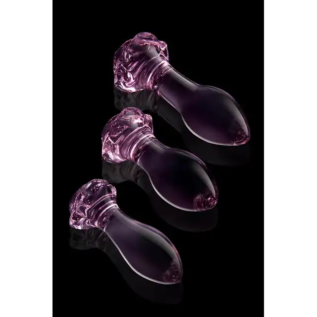 Glaze Glass - Rosebud Anal Training Set. Zestaw treningowy różowych, szklanych plugów analnych z ozdobnymi różami 