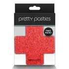 Pretty Pasties - Glitter Cross Red &amp; Silver. Dwie pary naklejek na sutki w kształcie krzyżyków, czerwone i srebrne nasutniki z brokatem