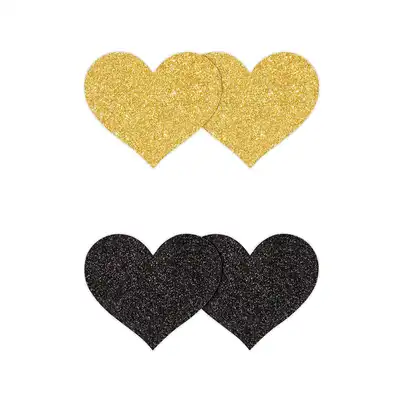 Pretty Pasties - Glitter Hearts Black &amp; Gold. Dwie pary naklejek na sutki w kształcie serduszek, czarne i złote nasutniki z brokatem