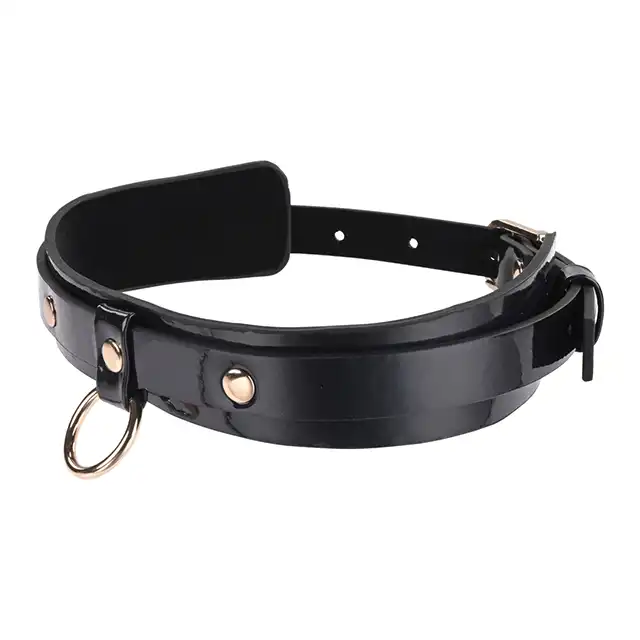 Sex &amp; Mischief - Orbit Day Collar. Elegancka czarna połyskująca obroża na szyję, połączenie luksusowej skóry ze złotymi dodatkami 