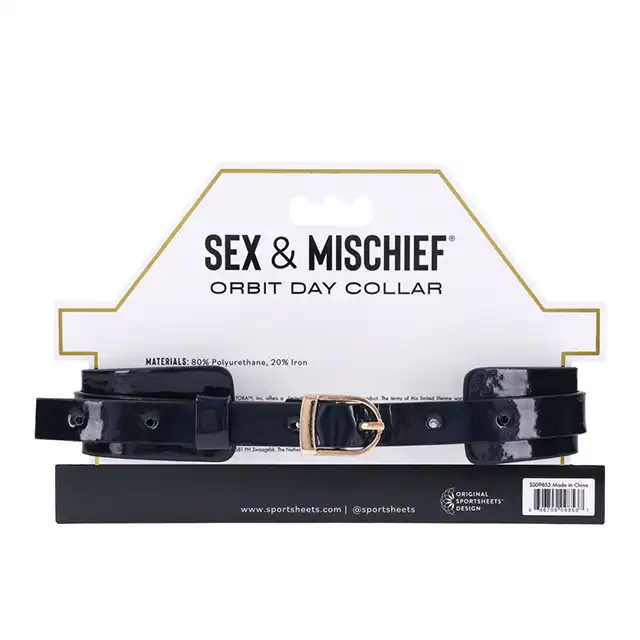 Sex &amp; Mischief - Orbit Day Collar. Elegancka czarna połyskująca obroża na szyję, połączenie luksusowej skóry ze złotymi dodatkami 