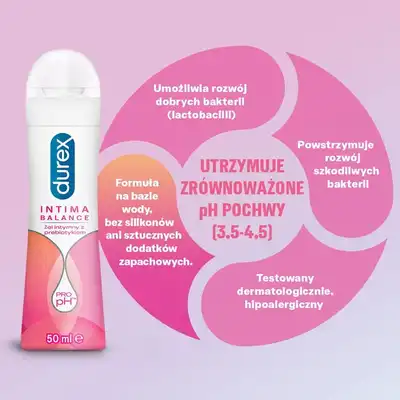 Durex - Intima Balance 50ml. Nawilżający lubrykant na bazie wody, żel intymny z prebiotykiem wspomagający pH i suchość pochwy