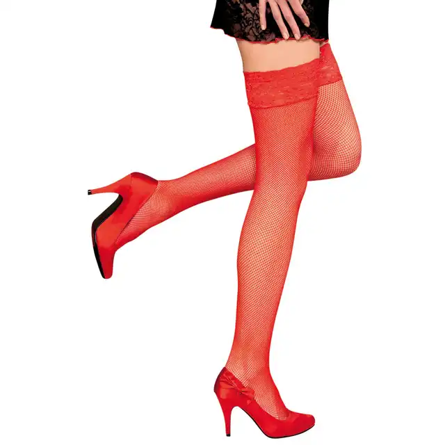 Anne Dales Paris - Camilla Stockings Red T2 - samonośne, czerwone pończochy w formie fishnet