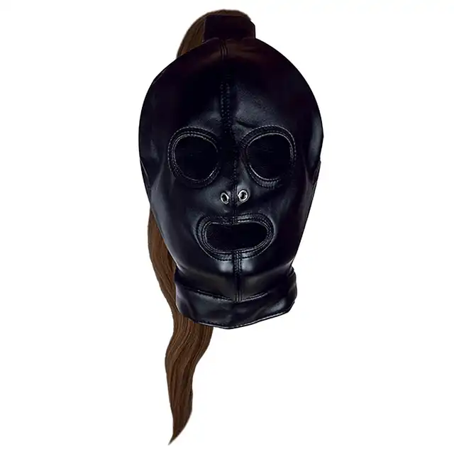 Ouch! - Mask with Brown Pony Tail - maska na twarz z brązowymi włosami w kształcie końskiego ogona