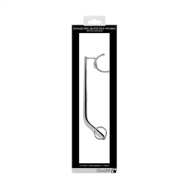 Ouch! - Urethal Sounding Metal Dilator Stick. Metalowy zakrzywiany dilator z ringiem. Bardziej zaawansowana forma stymulacji. 