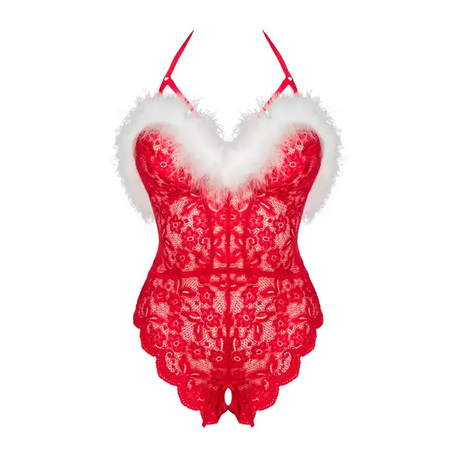 Livia Corsetti Collection - Santas Lace Lady S/M. Mikołajkowe czerwone body z białym futerkiem i zmysłowym otwartym krokiem