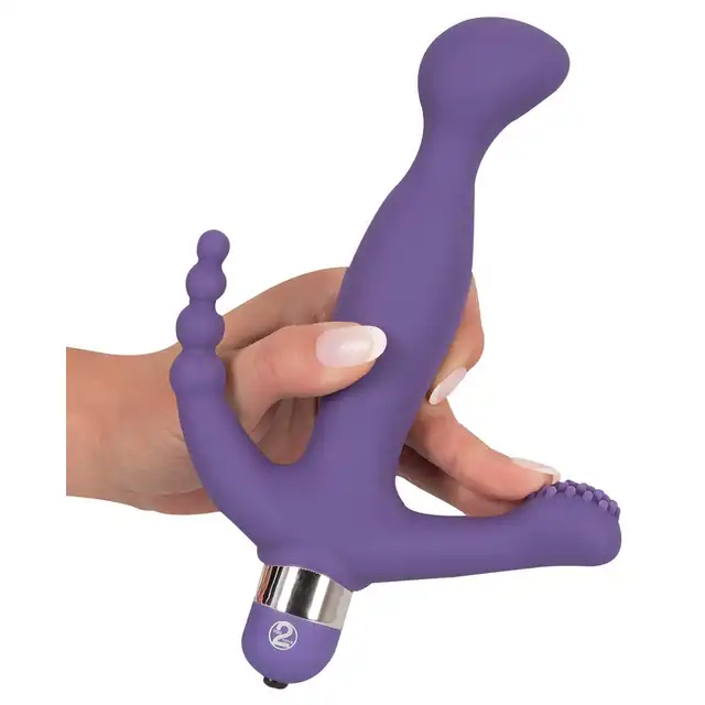 You2Toys - 3 Pointer Purple. Wszechstronny fioletowy wibrator z zakrzywioną końcówką, stymulatorem łechtaczki i stymulatorem odbytu, oferuje 5 trybów wibracji