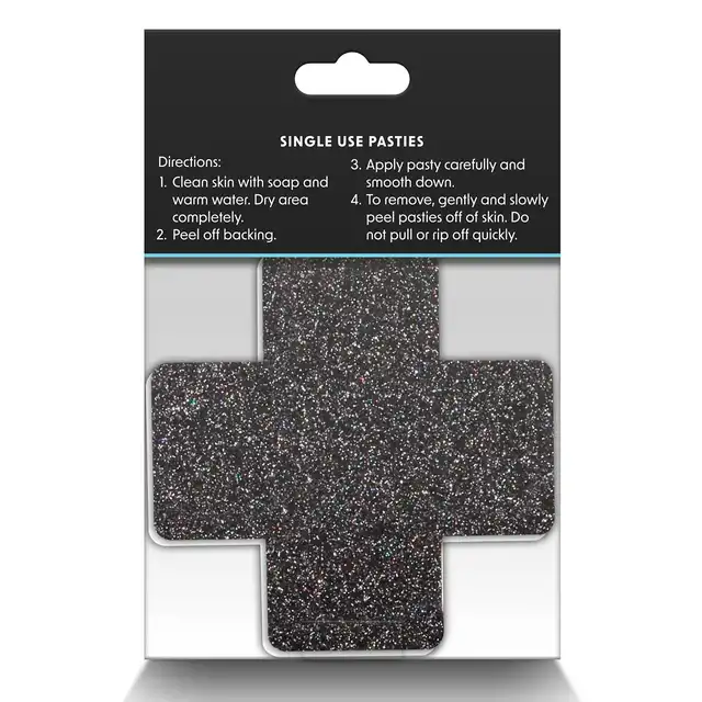 Pretty Pasties - Glitter Cross Black &amp; Gold. Dwie pary naklejek na sutki w kształcie krzyżyków, czarne i złote nasutniki z brokatem