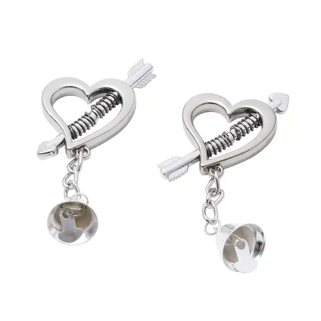 Kiotos - Nipple Clamps Heart Shaped Spring. Metalowe klamerki na sutki w kształcie serduszek. Mechanizm sprężynowy i dzwoneczki