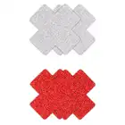 Pretty Pasties - Glitter Cross Red &amp; Silver. Dwie pary naklejek na sutki w kształcie krzyżyków, czerwone i srebrne nasutniki z brokatem