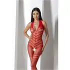 Passion - Bodystocking BS100 Red. Czerwony, kuszący bodystocking o geometrycznym wzorze podkreślającym sylwetkę