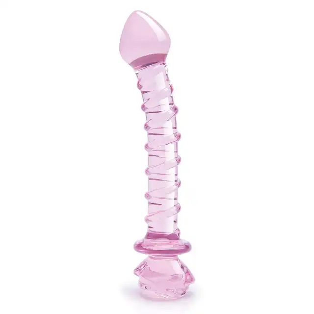 Glaze Glass - Rosebud Spiral G-spot Dildo. Teksturowane  spiralnie różowe szklane dildo do stymulacji punktu G ozdobione szklaną różyczką