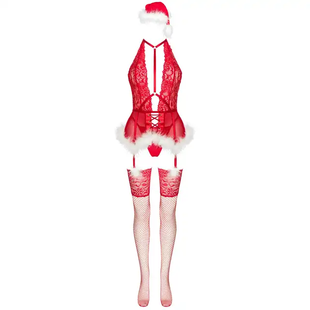 Livia Corsetti Collection - Alimena L/XL. Świąteczny gorset pani Mikołajki, czerwona koronka i puchate zdobienia w komplecie z czapeczką i pończochami