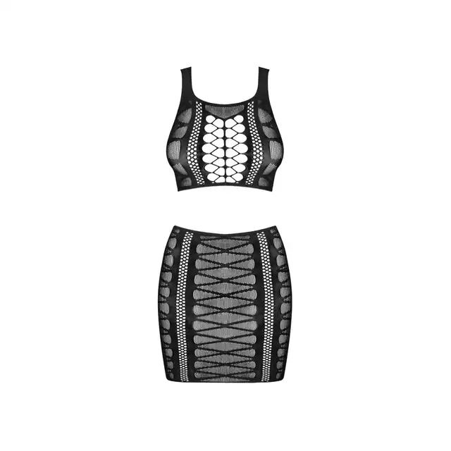 Obsessive - K102 top i spódnica S/M/L. Seksowny i zjawiskowy czarny komplet bodystockingowy. 