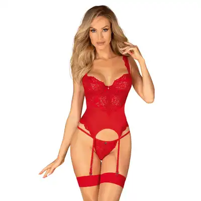 Obsessive - Amor Cherris Gorset L/XL - czerwony gorset z koronką. Wyjątkowo ponętny