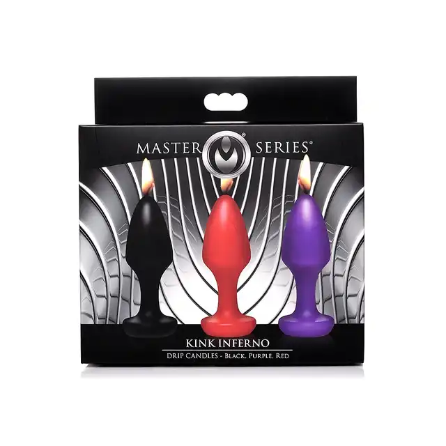 Master Series - Kink Inferno Drip Candles Black/Purple/Red. Zestaw kolorowych świec do BDSM w kształcie plugów analnych. Doskonały pomysł na urozmaicenie waszej sesji. 