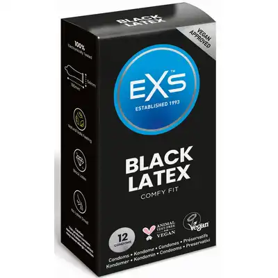 EXS - Black Latex 12 szt. Czarne prezerwatywy lateksowe, bezzapachowe i bezsmakowe, rozszerzana końcówka dla lepszego dopasowania