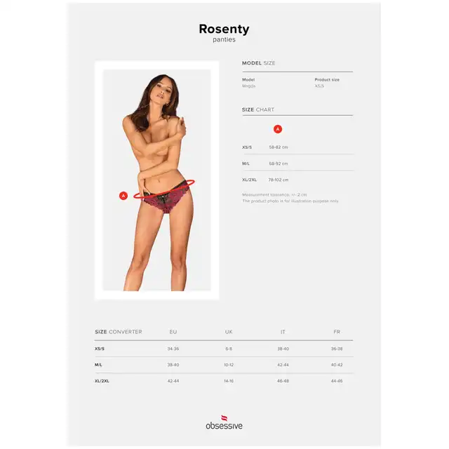 Obsessive - Rosenty figi XS/S. Klasyczne koronkowe czarne figi z wycięciem na pośladkach z rózowymi wstawkami