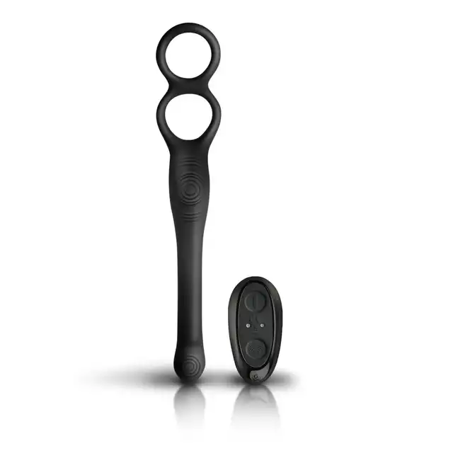 Rocks Off - The-Vibe 2 Prostate Vibrator with Remote Control. Nowoczesny, czarny stymulator prostaty z podwójnym ringiem i pilotem 