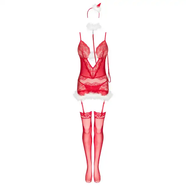Livia Corsetti Collection - Niphrea S/M. Zjawiskowy komplet świątecznej Mikołajki, delikatna i zmysłowa koszulka w zestawie z pończochami, stringami, opaską i chokerem