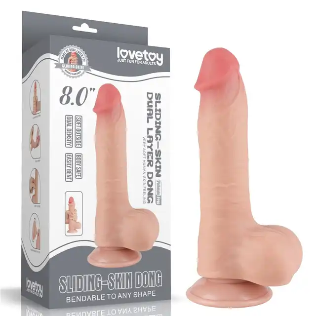 LoveToy - Sliding Skin Dual Layer Dong 8`. Członek o naturalnym designie z ruchomą skórą, dildo z mocną przyssawką, technologia podwójnej gęstości