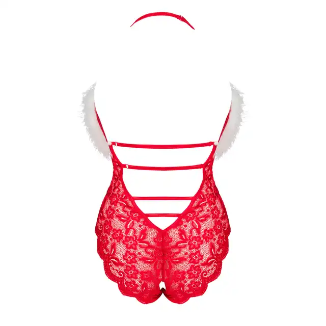 Livia Corsetti Collection - Santas Lace Lady S/M. Mikołajkowe czerwone body z białym futerkiem i zmysłowym otwartym krokiem
