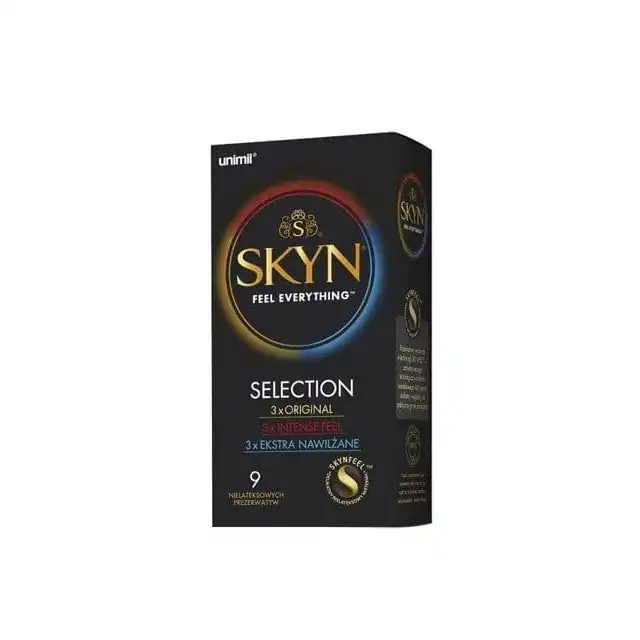 Skyn - Selection 9 szt. Zestaw prezerwatyw klasycznych, z wypustkami i dodatkowo nawilżanych. Wszystkie Twoje ulubione prezerwatywy w jednym opakowaniu