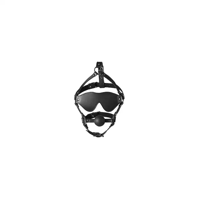 Ouch! - Blindfolded Head Mask Harness with Solid Ball - harness z opaską na oczy i gagiem. Przejmij kontrolę!