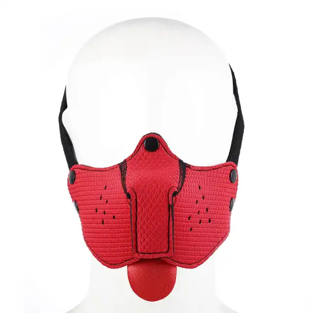 Kiotos - Neoprene Puppy Dog Red Mouth Mask BDSM. Czerwona maska psa z odpinanym pyskiem i języczkiem. Wyraź swój styl w puppy play!