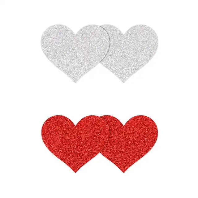 Pretty Pasties - Glitter Hearts Red &amp; Silver. Dwie pary naklejek na sutki w kształcie serduszek, czerwone i srebrne nasutniki z brokatem