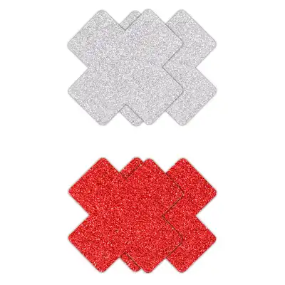 Pretty Pasties - Glitter Cross Red &amp; Silver. Dwie pary naklejek na sutki w kształcie krzyżyków, czerwone i srebrne nasutniki z brokatem