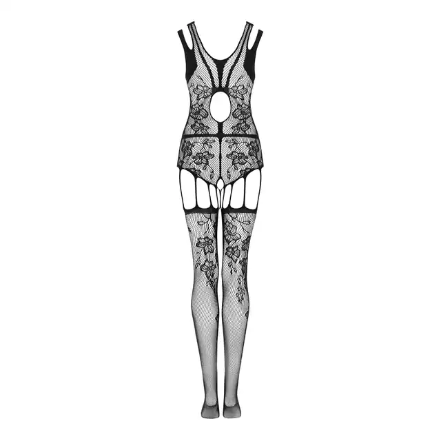 Obsessive - F239 Bodystocking S/M/L. Wyjątkowy bodystocking o kroju body z otwartym krokiem w połączeniu z pończochami, romantyczny kwiatowy wzór