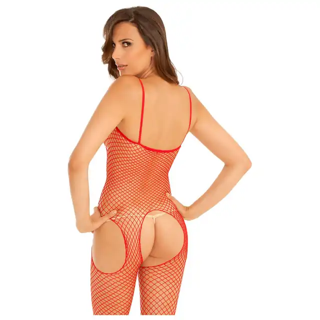 Rene Rofe Lingerie - Industrial Net bodystock Red. Intensywnie czerwony bodystocking z wycięciami na kroczu i biodrach